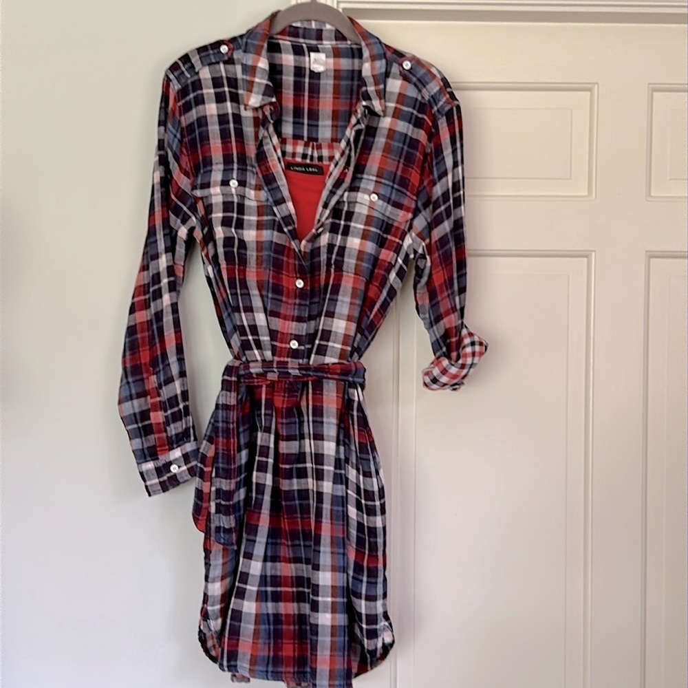 Plaid Shirt Dress with Belt - Red & Navy